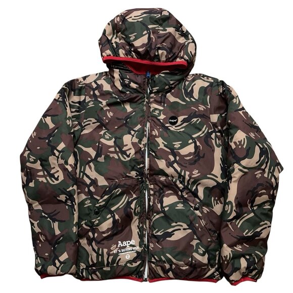 Bathing Ape Bape Aape Jacket Mens M Puffer Down Feather Reversible Camo Red - Picture 1 of 10